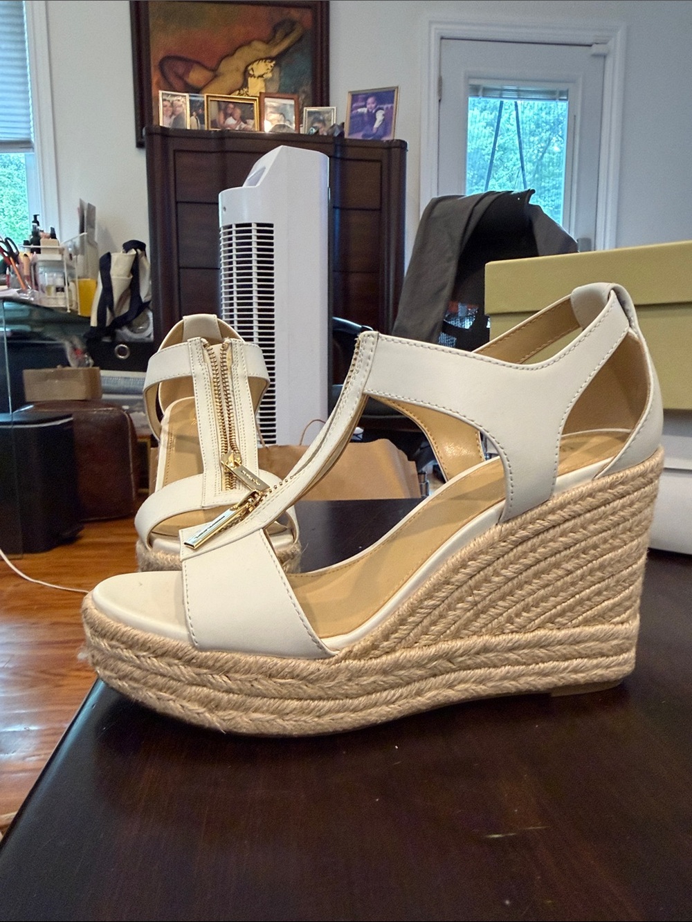 Michael Kors White Leather Espadrille Wedge Sandals with Front Zip